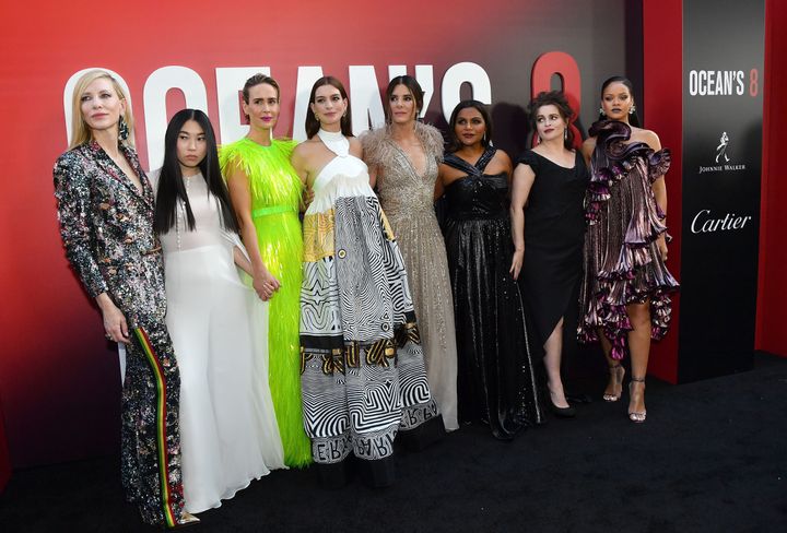 From left, Cate Blanchett, Awkwafina, Sarah Paulson, Anne Hathaway, Sandra Bullock, Mindy Kaling, Helena Bonham Carter and Rihanna attend the world premiere of "Ocean's 8" in New York.