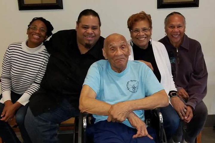 <p>Kenneth Bowser (center) visits with (from left) grandchildren Tonya Cotton and Mark Cotton and daughters Sharon Van Leer and Janet Bowser at a locked forensic nursing home in St. Peter, Minn., in 2016. He was sent to the home after he fatally shot his son and caretaker, Larry, in 2015, and was deemed unfit to stand trial because of his dementia. </p>