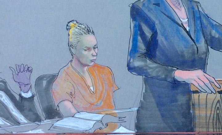 Reality Winner is shown in this courtroom sketch during her June 2017 hearing at the U.S. District Courthouse in Augusta, Georgia. 