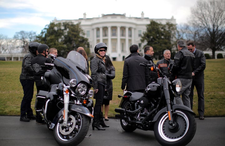 Harley-Davidson executives outside the White House before a meeting with President Donald Trump on Feb. 2, 2017. The com