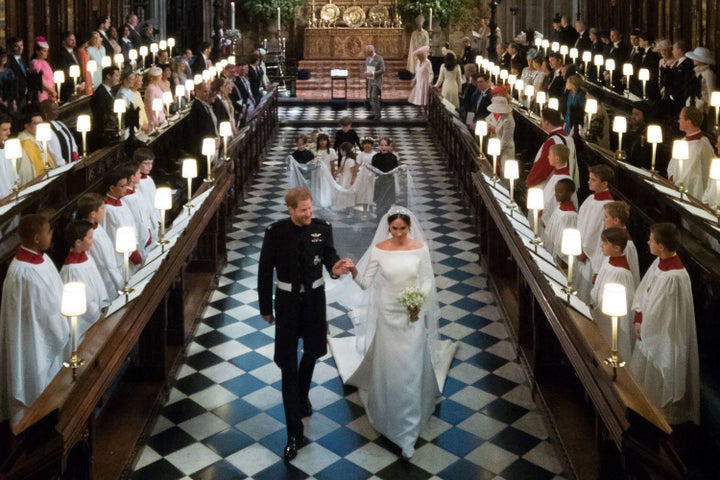 Prince Harry and Meghan, Duchess of Sussex, leaving St. George's Chapel after exchanging vows.