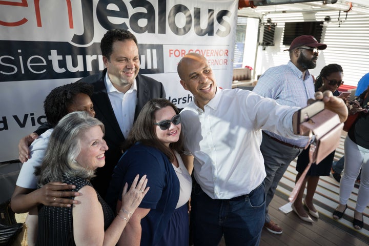 Sens. Cory Booker (D-N.J.), right, is among those who backed former NAACP leader Ben Jealous, top center, for governor in Maryland's Democratic primary.