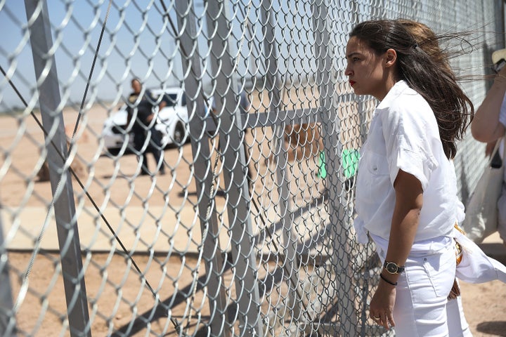 Alexandria Ocasio-Cortez at the Tornillo-Guadalupe port of entry gate on June 24 in Tornillo, Texas. She was part of a group protesting the separation of children from their parents under the Trump administration's zero tolerance policy.