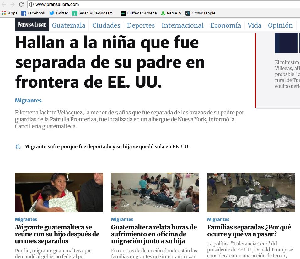 Guatemala’s Prensa Libre website on Friday. The top story’s headline reads, “They found the girl separated from her father at the U.S. border.”
