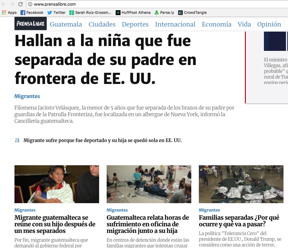 Guatemala’s Prensa Libre website on Friday. The top story’s headline reads, “They found the girl separated from her father at the U.S. border.”