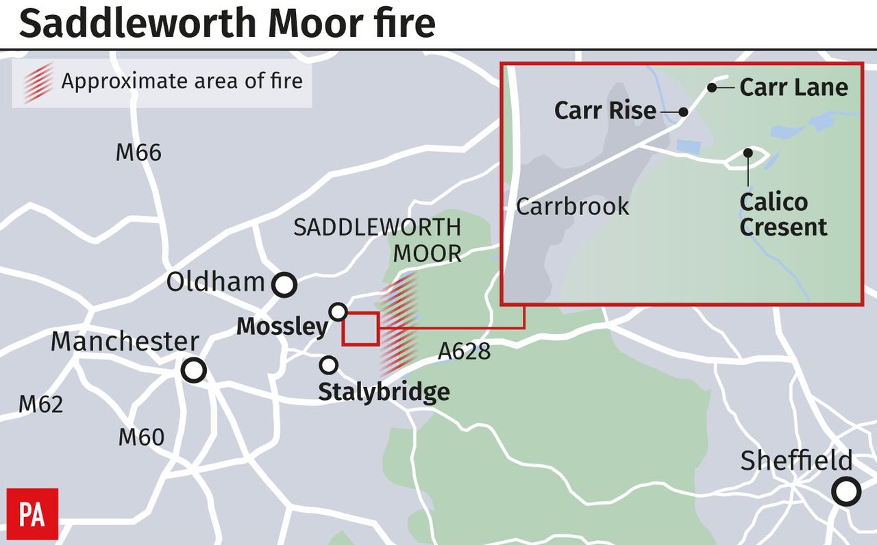 The area affected by wildfires, to the east of Manchester city centre.