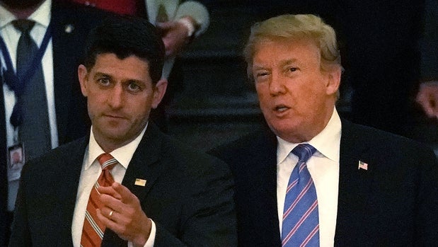 WASHINGTON, DC - JUNE 19:  Accompanied by Speaker of the House Rep. Paul Ryan (R-WI) (L), U.S. President Donald Trump (R) arrives at a meeting with House Republicans at the U.S. Capitol June 19, 2018 in Washington, DC. Trump was on the Hill to discuss immigration with House Republicans.  (Photo by Alex Wong/Getty Images)