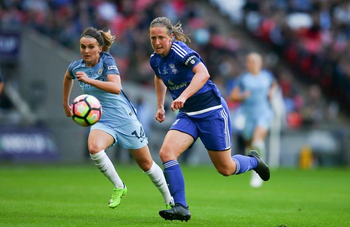 Kerys Harrop (right) during the SSE Women's FA Cup Final between Birmingham City Ladies and Manchester City Women at Wembley Stadium on 13 May 13 2017.
