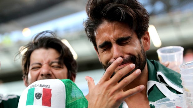 YEKATERINBURG, RUSSIA - JUNE 27, 2018: Mexico's fans react as their team loses the 2018 FIFA World Cup First Stage Group F football match against Sweden at Ekaterinburg Arena Stadium. Sergei Bobylev/TASS (Photo by Sergei Bobylev\TASS via Getty Images)