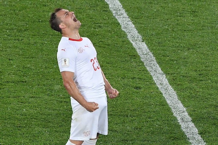 Switzerland's Xherdan Shaqiri celebrates after winning the Russia 2018 World Cup Group E football match between Serbia and Switzerland at the Kaliningrad Stadium in Kaliningrad on June 22, 2018.