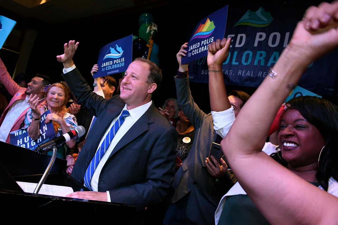 Jared Polis celebrates his primary victory at the Renaissance Boulder Flatiron Hotel in Broomfield, Colorado.