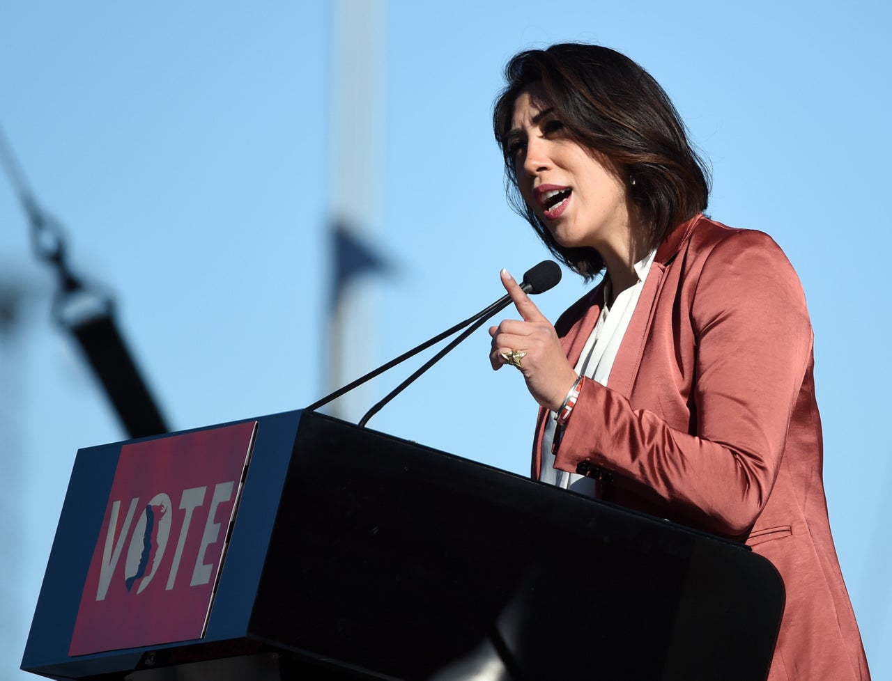 Paulette Jordan speaks during the "Power to the Polls" voter registration tour launch at Sam Boyd Stadium on Jan. 21 in Las Vegas.