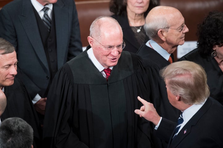 President Donald Trump greets Supreme Court Justice Anthony Kennedy after addressing a joint session of Congress in the Capitol's House chamber in 2017.