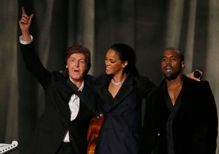 McCartney, Rihanna and West after performing "FourFiveSeconds" at the 57th annual Grammy Awards in February 2015.