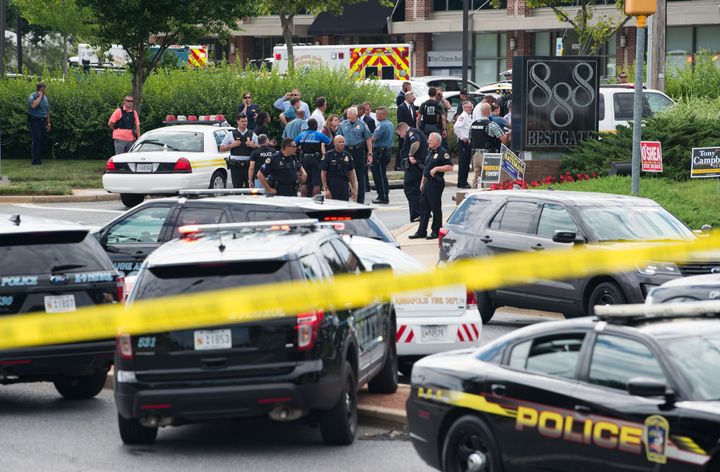 Police respond to a shooting at the office building that houses the Capital Gazette newsroom in Annapolis, Maryland, on Thursday.