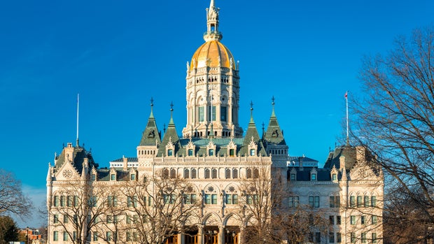 Connecticut State Capitol on a sunny afternoon.  The building houses the State Senate, the House of Representatives and the office of the Governor
