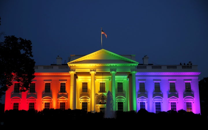 The White House is illuminated in rainbow colors after the Supreme Court legalized gay marriage in a 2015 dec