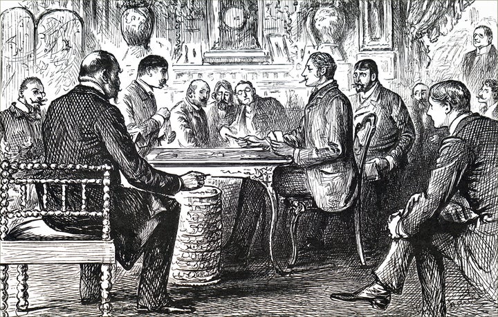 19th century image of men at the card table. 