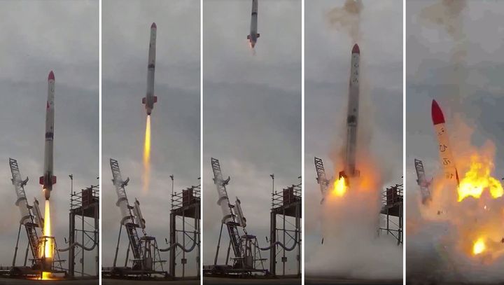 This combo of video grabs provided by Interstellars Technologies shows the failed launch of the rocket MOMO-2 in Taiki, Kokkaido prefecture, on June 30, 2018.