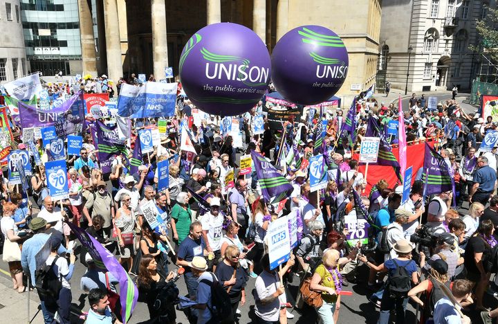 Thousands of people marched through London to mark the 70th anniversary of the NHS.