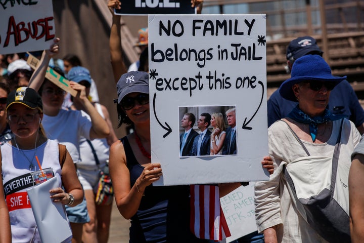 NEW YORK, NY - JUNE 30: People take part during the nationwide 'Families Belong Together' march as they walk by the Brooklyn Bridge on June 30, 2018 in New York City. As thousands of migrant children remain separated from family, rallies are planned across the U.S. calling for them be reunited. (Photo by Kena Betancur/Getty Images)