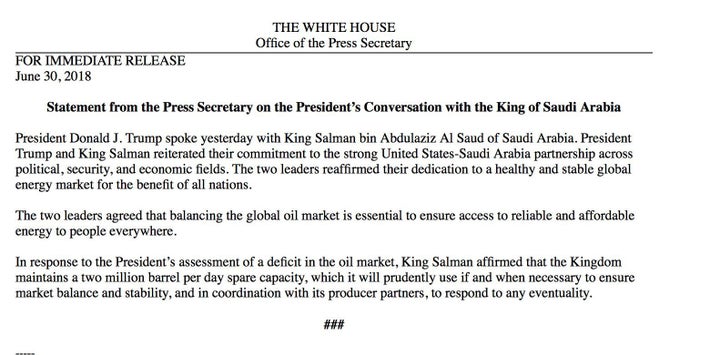 White House Backs Off Trump Tweet Claiming Saudi Agreement To Produce More Oil White House Backs Off Trump Tweet Claiming Saudi Agreement To Produce More Oil