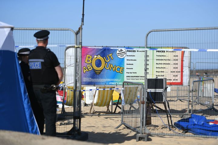 The scene on Gorleston beach in Norfolk after a young girl died after being thrown from a bouncy castle on Sunday