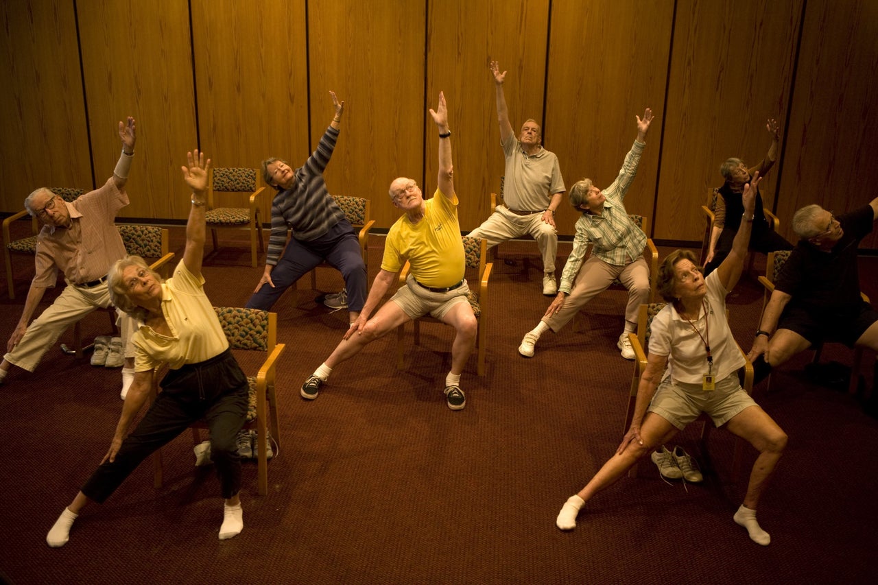 A 'chair yoga' session for residents of John Knox retirement village in Pompano Beach, Florida.