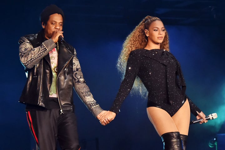 Jay-Z and Beyonce Knowles perform on stage during the 'On the Run II' tour opener in Cardiff, Wales.