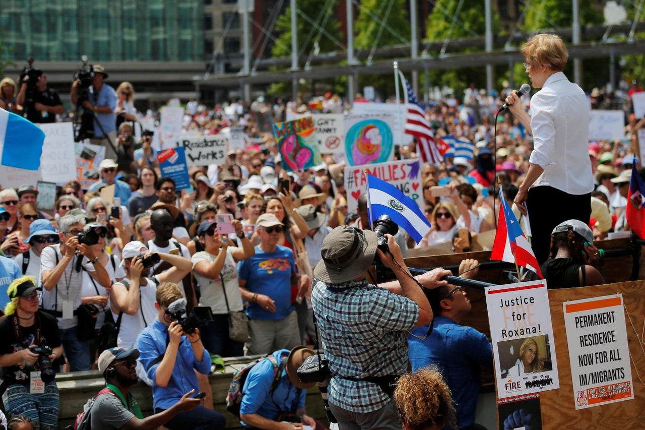 Massachusetts Sen. Elizabeth Warren calls for replacing ICE with a new agency at a rally in Boston to protest the Trump administration's immigration policies. She's one of a slew of possible 2020 Democratic presidential candidates to embrace the idea.