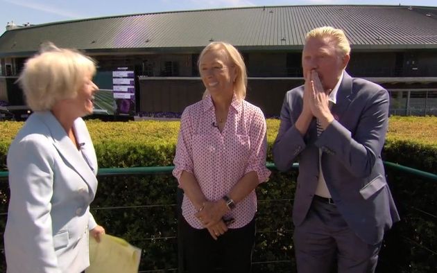 Whoops. Boris Becker with Wimbledon host Sue Barker (left) and Martina Navratilova.