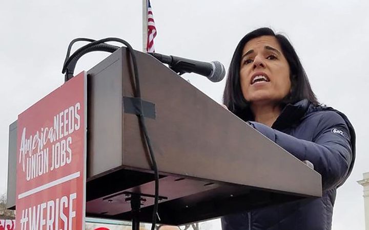 Nanda at a rally for American Federation of State, County and Municipal Employees in February.