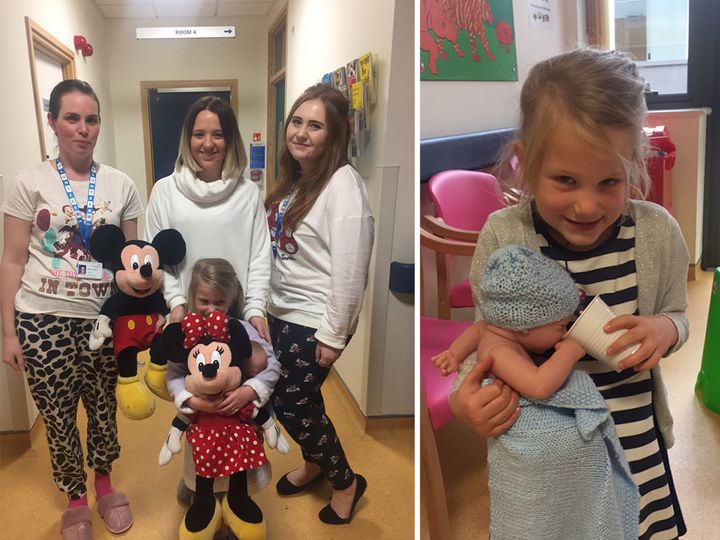 Left: Volunteers threw a Disney pyjama party with Isla. Right: Isla with baby Rupert the doll. 