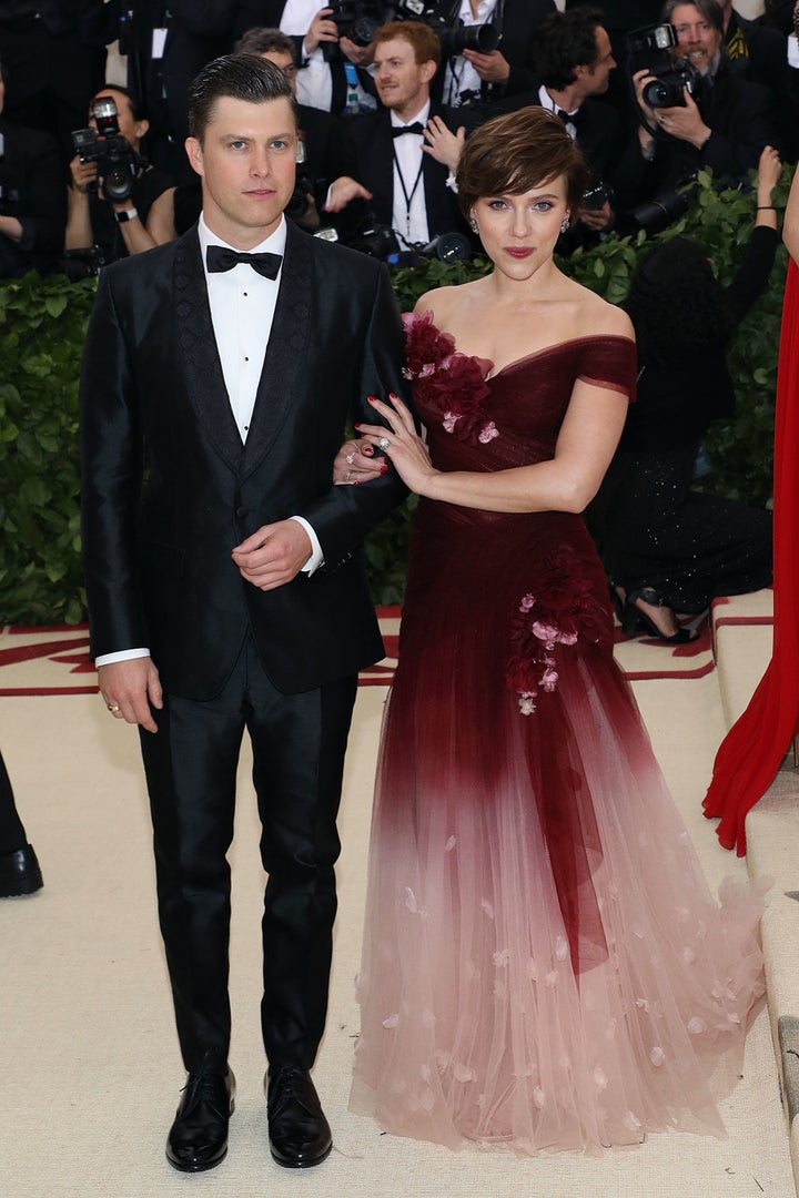 Colin Jost and Scarlett Johansson attend the Met Gala in May 2018.