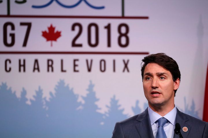 Canada's Prime Minister Jutstin Trudeau speaks at the G7 summit in Quebec, Canada, on June 9, 2018. 