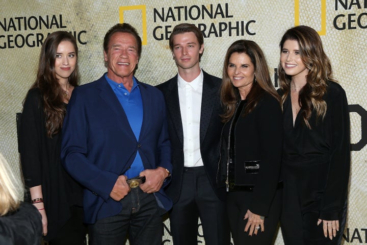 Christina Schwarzenegger, Arnold Schwarzenegger, Patrick Schwarzenegger, Maria Shriver and Katherine Schwarzenegger attend the premiere of National Geographic's "The Long Road Home" in 2017.