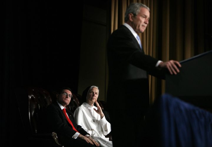 In 2007, Leonard Leo shares the stage at the National Catholic Prayer Breakfast with President George W. Bush, whom he advised on two Supreme Court picks.