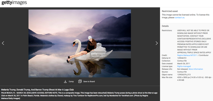 This photo of Melania Trump on a swan may be used only in "positive stories," the requirements from Getty Images stipulate.