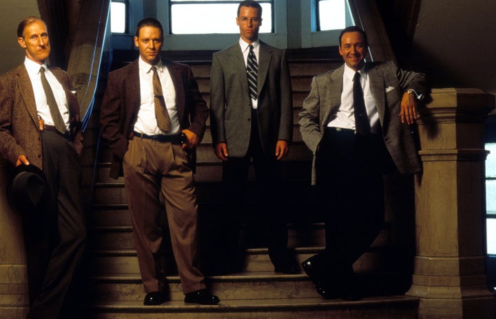 James Cromwell, Russell Crowe, Guy Pearce and Kevin Spacey pose for a publicity photo for the 1997 film "L.A. Confidential."