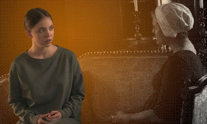 Eden (Sydney Sweeney) sits with June (Elisabeth Moss) in "The Handmaid's Tale."