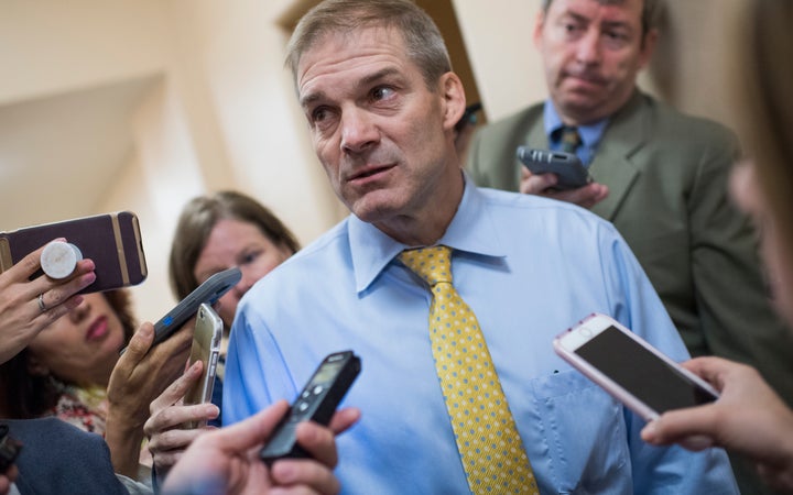 Rep. Jim Jordan (R-Ohio) speaks with reporters after a meeting at the House Republican Conference on June 26, 2018.