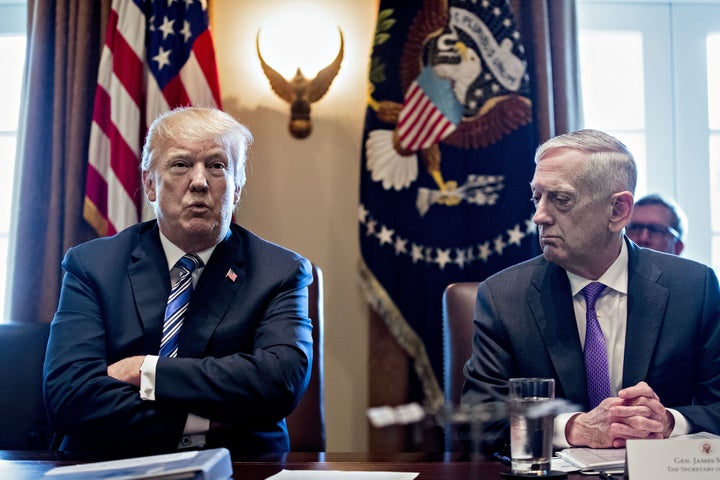 President Donald Trump and Jim Mattis, U.S. secretary of defense, during a cabinet meeting at the White House in Washington, D.C., on March 8, 2018. 