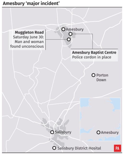 A map in Amesbury showing where the pair were found and the church event they attended