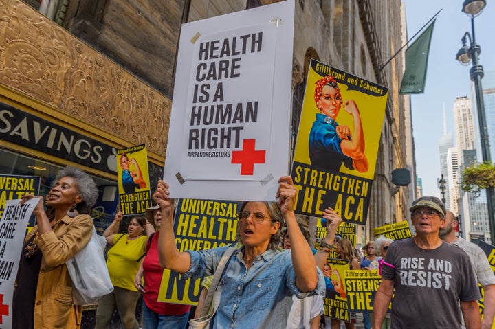 Health care activists march in New York in September 2017.