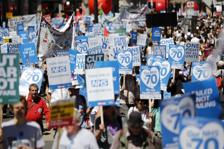 A march to celebrate the NHS and mark its 70th anniversary in central London on June 30, 2018.