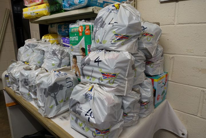 Parcels ready to be distributed by the foodbank. Each parcel is designed to last a family three to four days.