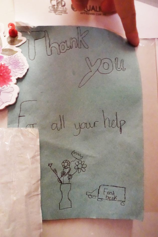 A card from one of the children helped by the foodbank - made using a paper towel. 