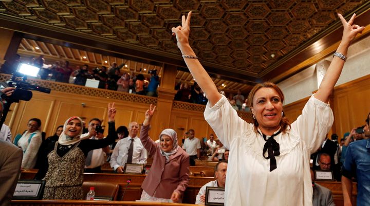 Souad Abderrahim celebrates after being elected as mayor of Tunis, the capital of Tunisia, on Tuesday.