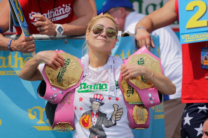 Miki Sudo celebrates after winning the women's annual Nathan's Hot Dog Eating Contest on July 4.