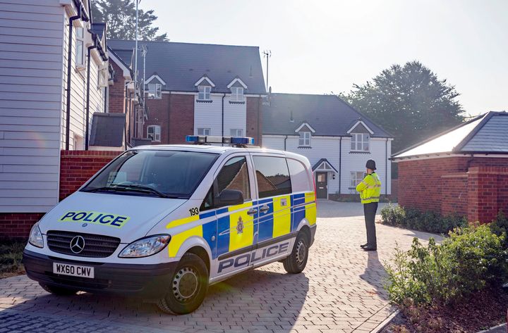 Police remain at the house in Muggleton Road in Amesbury, Wiltshire, where counter-terrorism officers are investigating after a couple were left in a critical condition when they were exposed to the nerve agent Novichok.